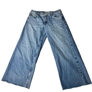 Zara Womens Wide Leg Jeans Medium Blue High Rise Raw Hem Size 8 6045/025